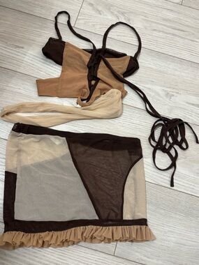 Waydamin Two-Tone Sheer Swim Coverup Set in Beige and Dark Brown